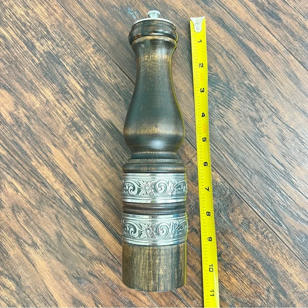 Vintage style Wood Stainless silver tone Pepper Mill Grinder 11”